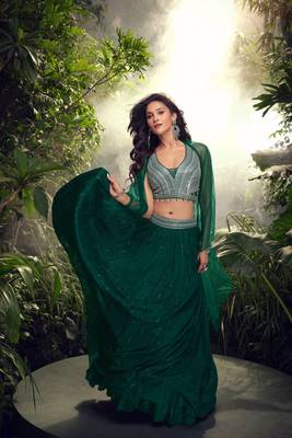 Green Embroidery and Sequins Work Chinon Silk Lehenga with Blouse 1