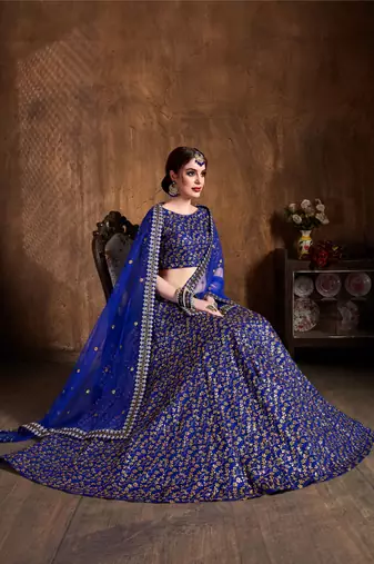 Blue Zari Embroidery and Sequins Work Raw Silk Lehenga with Blouse