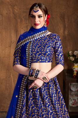 Blue Zari Embroidery and Sequins Work Raw Silk Lehenga with Blouse 2