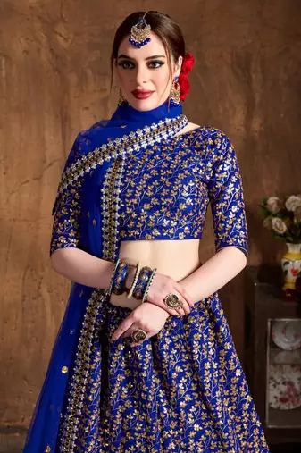 Blue Zari Embroidery and Sequins Work Raw Silk Lehenga with Blouse