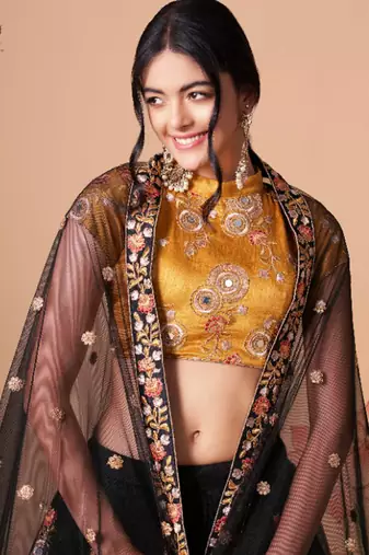 Black Thread Embroidery and Sequins Art Silk Lehenga with Blouse