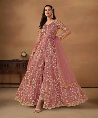 Pink embroidery net anarkali suit 1