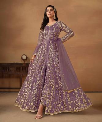 Lavender embroidery net anarkali suit 1