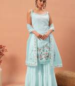 Sky blue designer georgette embroidered Sharara suit