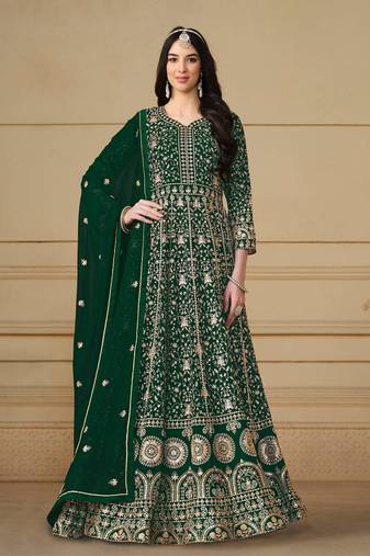 Green embroidery faux georgette anarkali suit