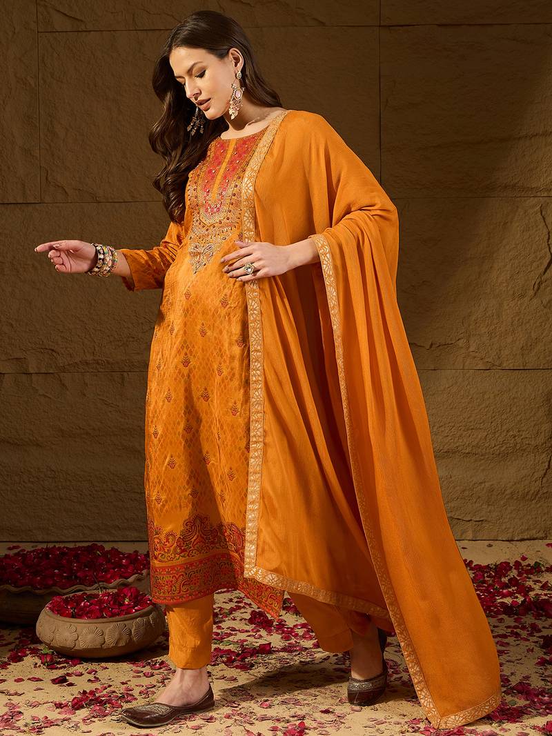 Women mustard ikat woven design straight kurta trouser and dupatta