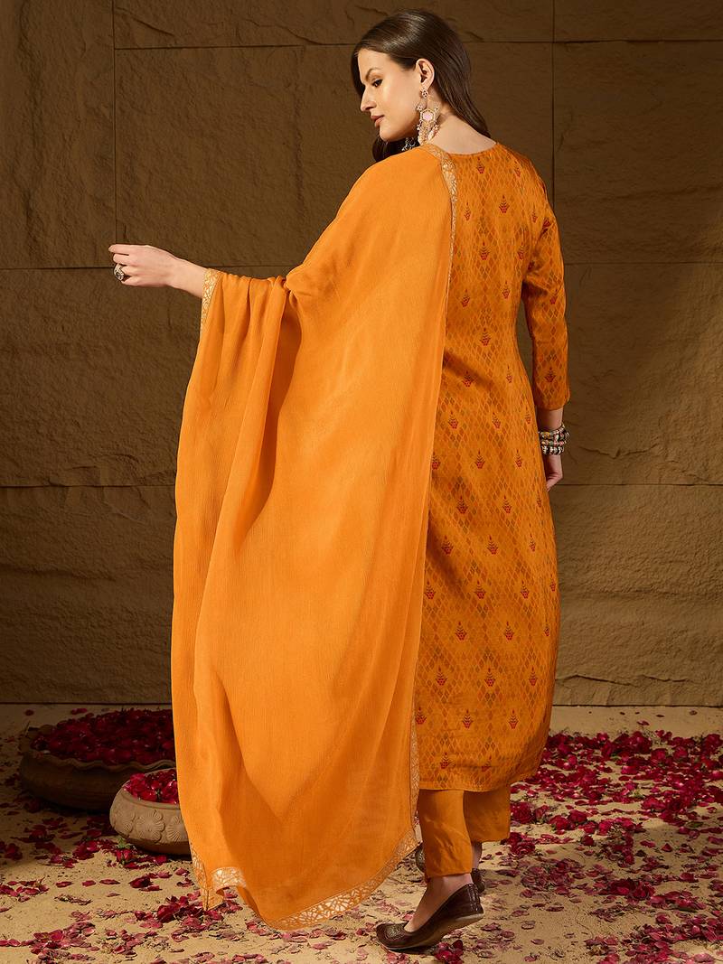Women mustard ikat woven design straight kurta trouser and dupatta