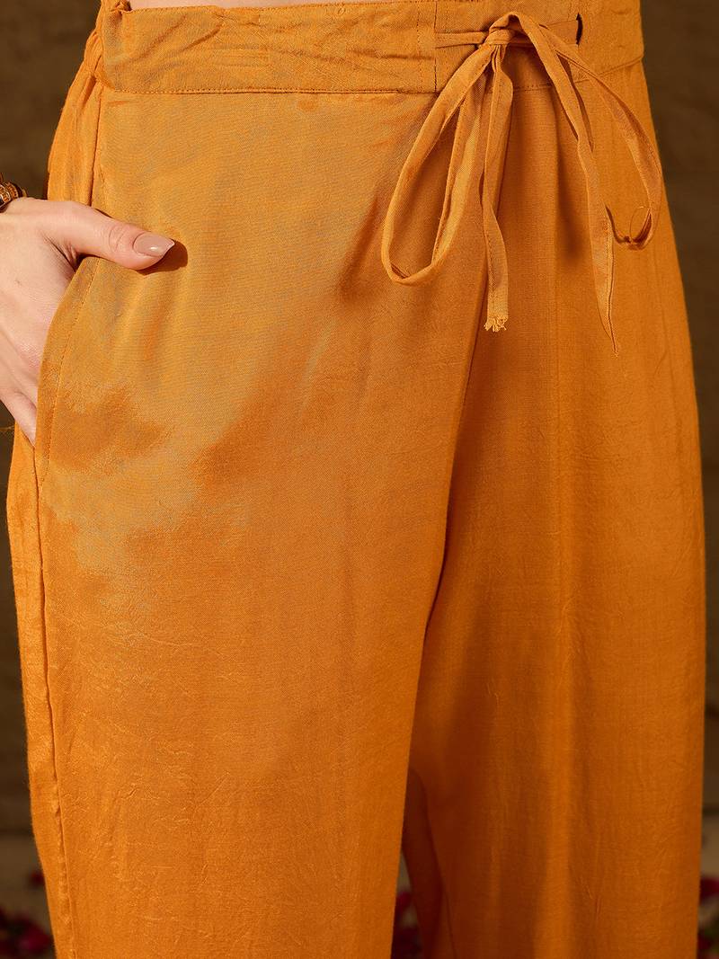 Women mustard ikat woven design straight kurta trouser and dupatta