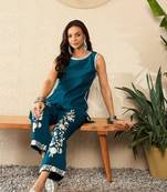 Women blue silk blend solid embroidered high low coord sets