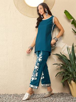 Women blue silk blend solid embroidered high low coord sets 2