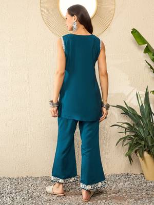 Women blue silk blend solid embroidered high low coord sets 4