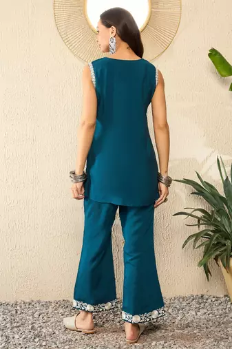 Women blue silk blend solid embroidered high low coord sets