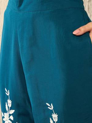 Women blue silk blend solid embroidered high low coord sets 5