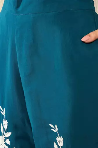 Women blue silk blend solid embroidered high low coord sets