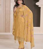 Yellow moonga silk jacquard hand work salwar suit