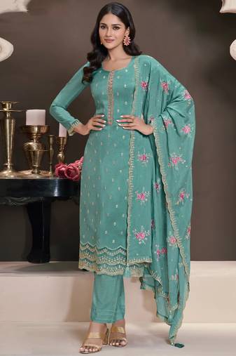 Turquoise moonga silk jacquard hand work salwar suit