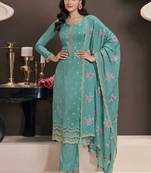 Turquoise moonga silk jacquard hand work salwar suit