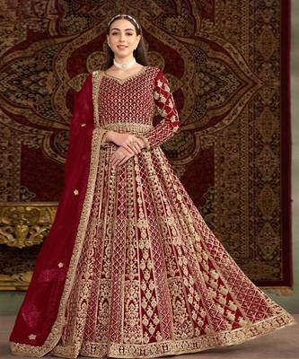 Maroon embroidery net anarkali suit 1