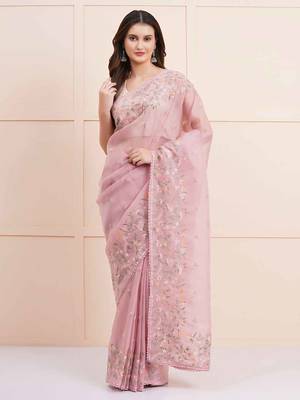 baby pink motifs embroidered organza saree 1