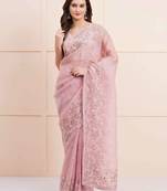 baby pink motifs embroidered organza saree