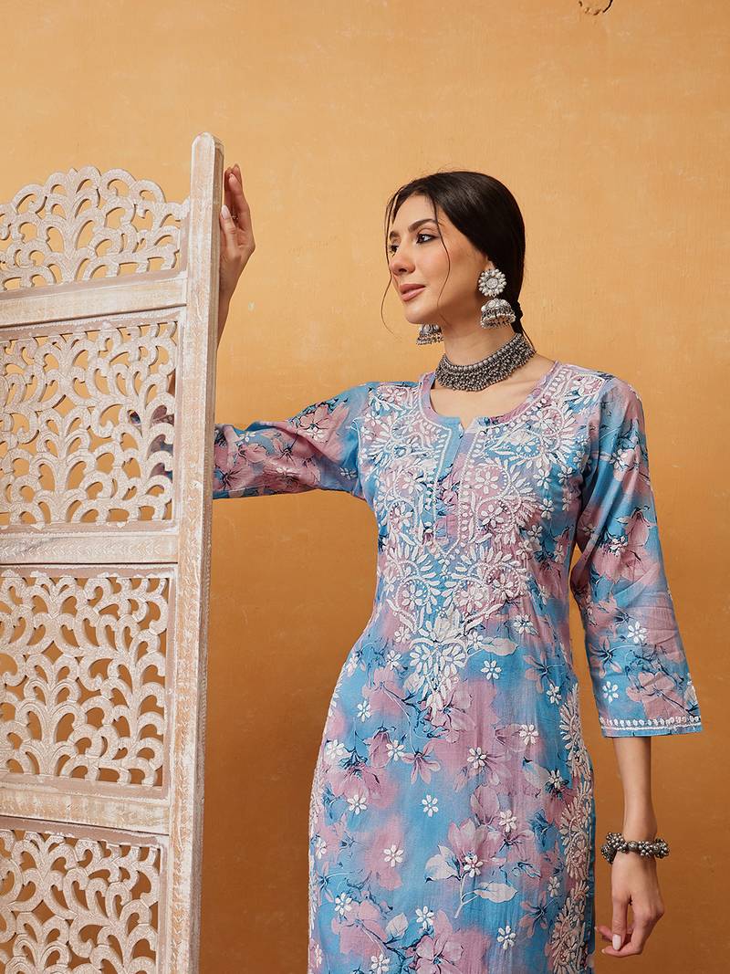 Hand embroidered floral printed blue and pink cotton lucknowi chikankari co-ord set