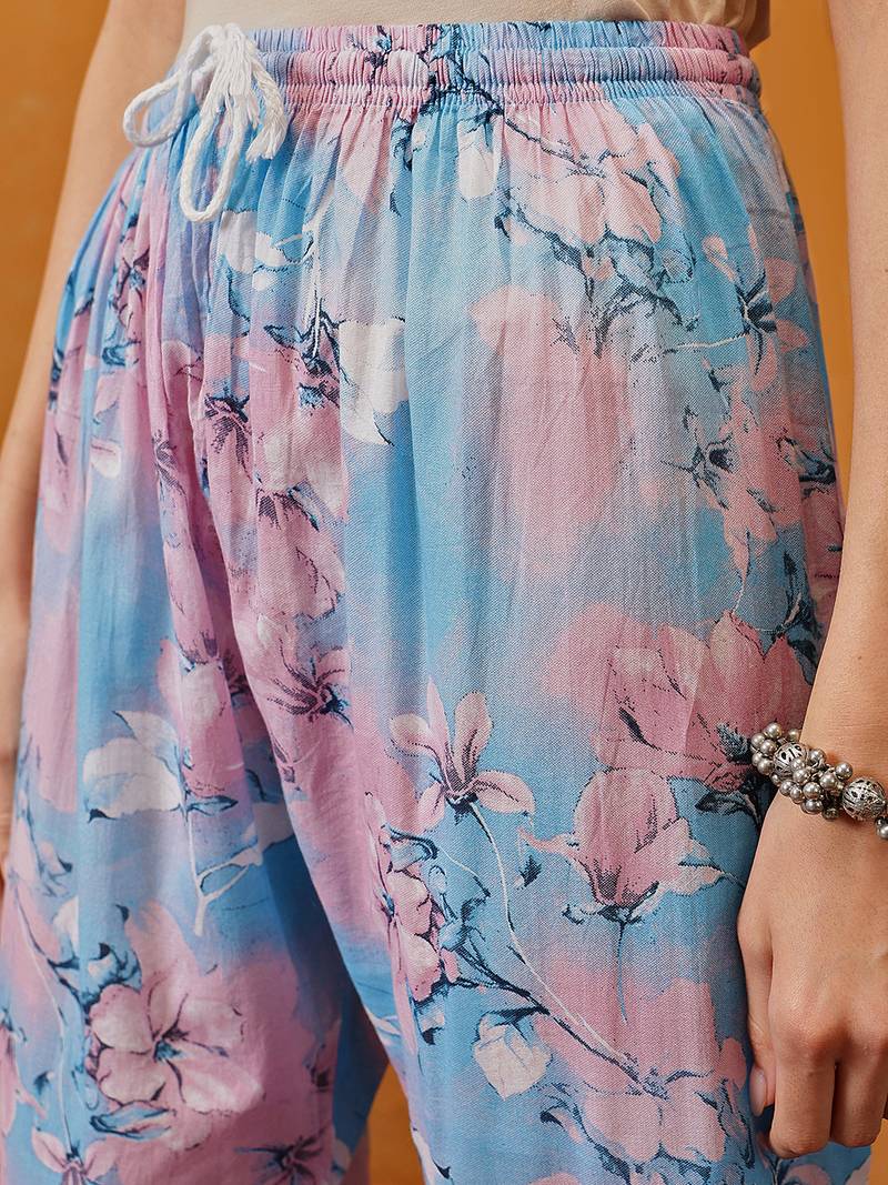 Hand embroidered floral printed blue and pink cotton lucknowi chikankari co-ord set