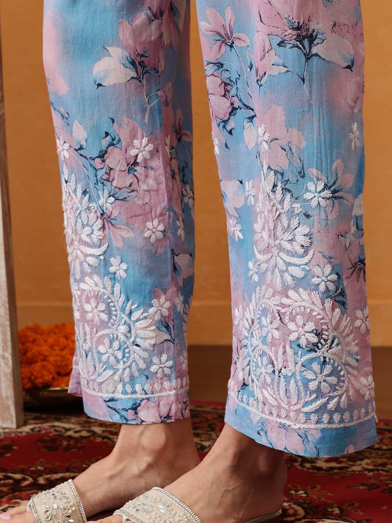 Hand embroidered floral printed blue and pink cotton lucknowi chikankari co-ord set