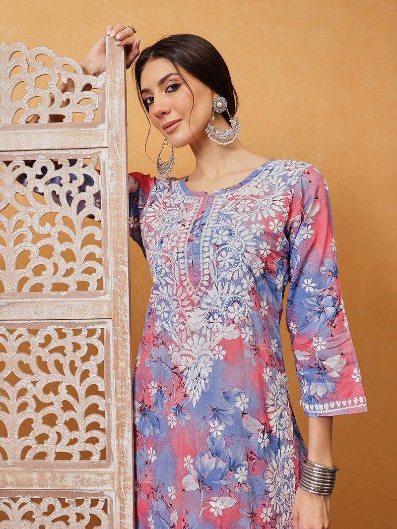 Hand embroidered floral printed carrot pink and blue cotton lucknowi chikankari co-ord set