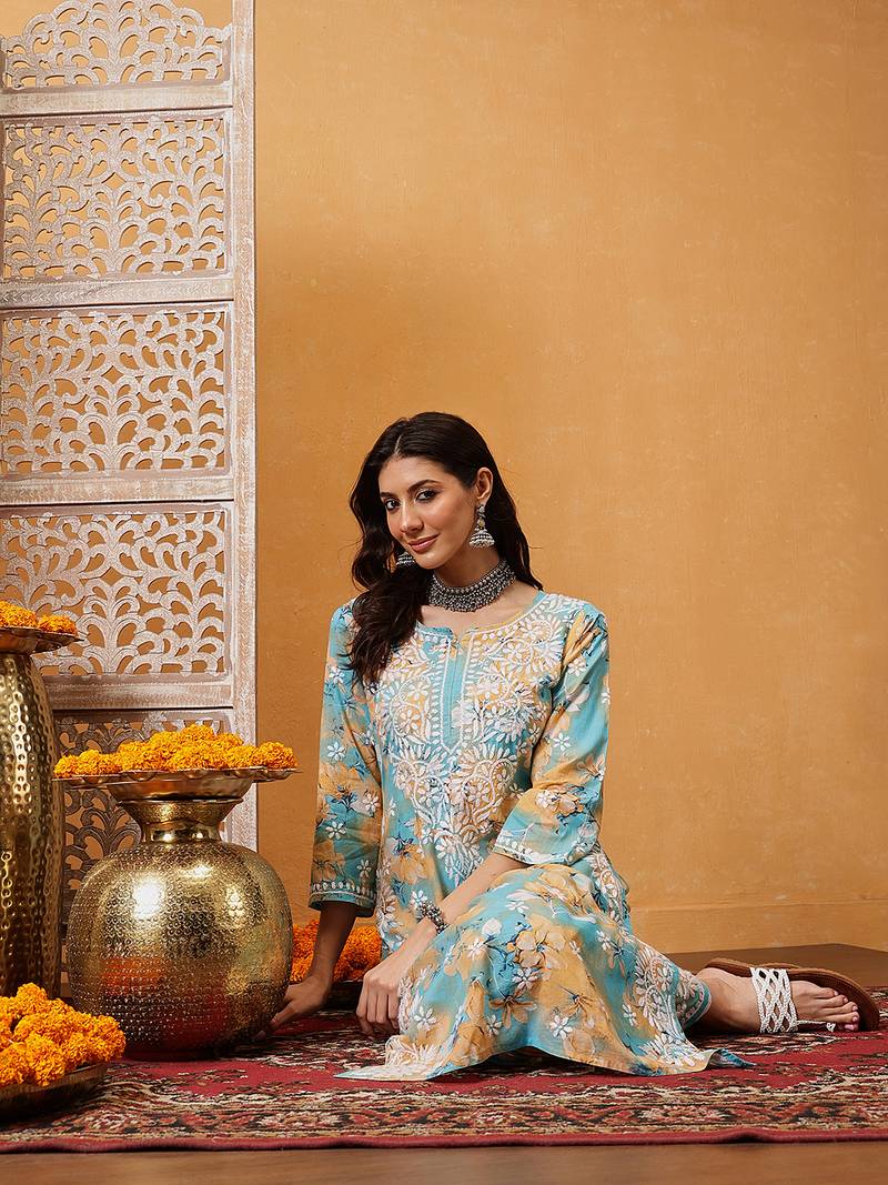 Hand embroidered floral printed firozi and peach cotton lucknowi chikankari co-ord set