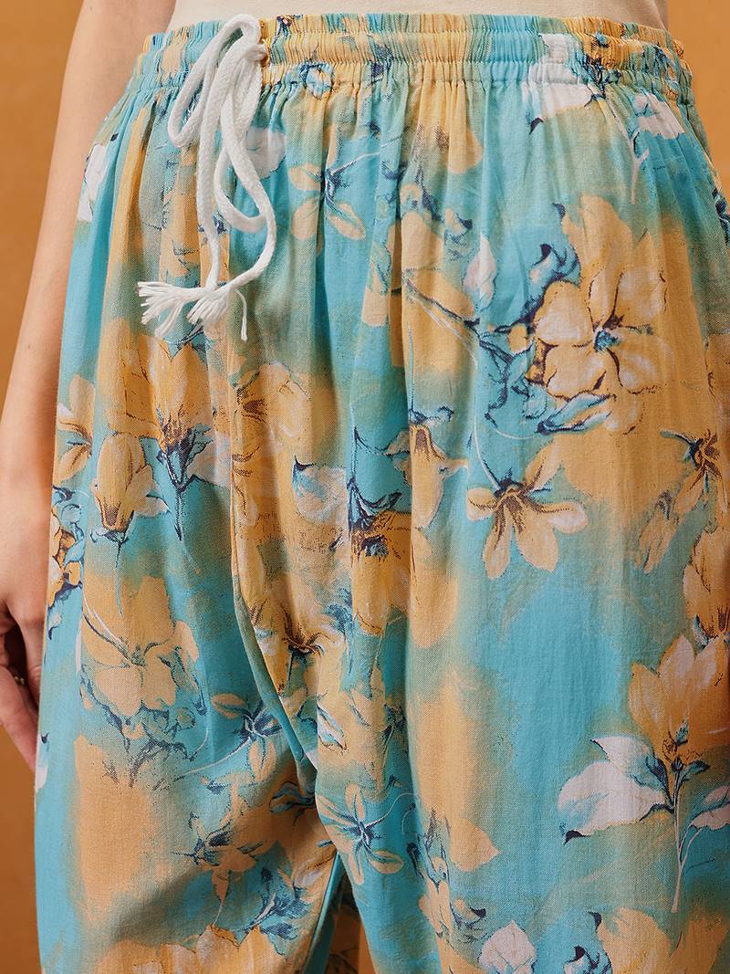 Hand embroidered floral printed firozi and peach cotton lucknowi chikankari co-ord set