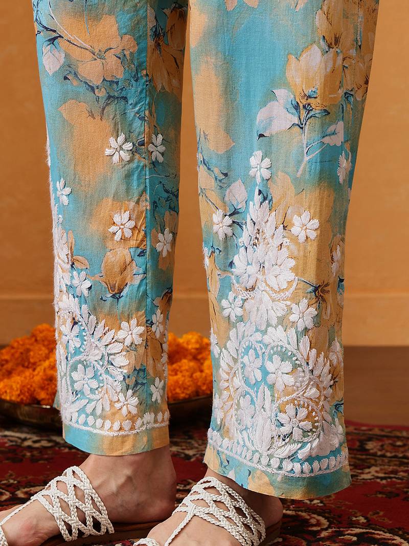 Hand embroidered floral printed firozi and peach cotton lucknowi chikankari co-ord set