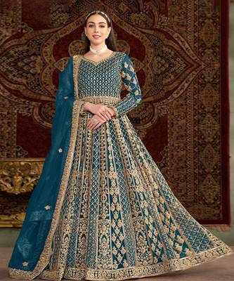 Teal blue embroidery net anarkali suit 1