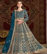 Teal blue embroidery net anarkali suit