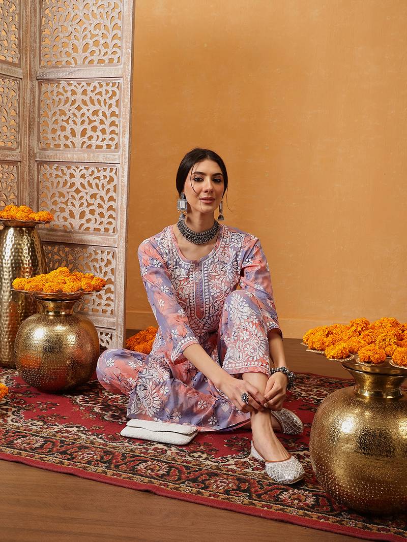 Ada hand embroidered floral printed peach and blue cotton lucknowi chikankari co-ord set