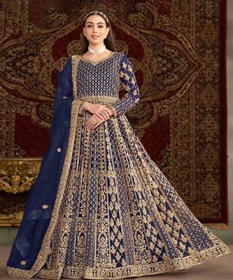 Royal blue embroidery net anarkali suit 1