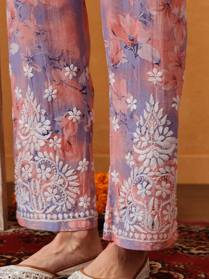 Ada hand embroidered floral printed peach and blue cotton lucknowi chikankari co-ord set