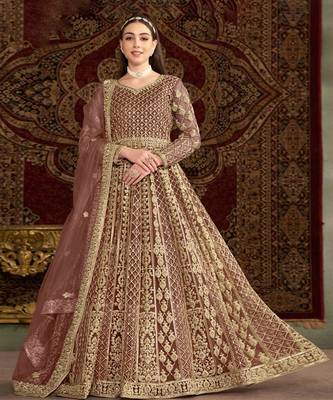 Brown embroidery net anarkali suit 1