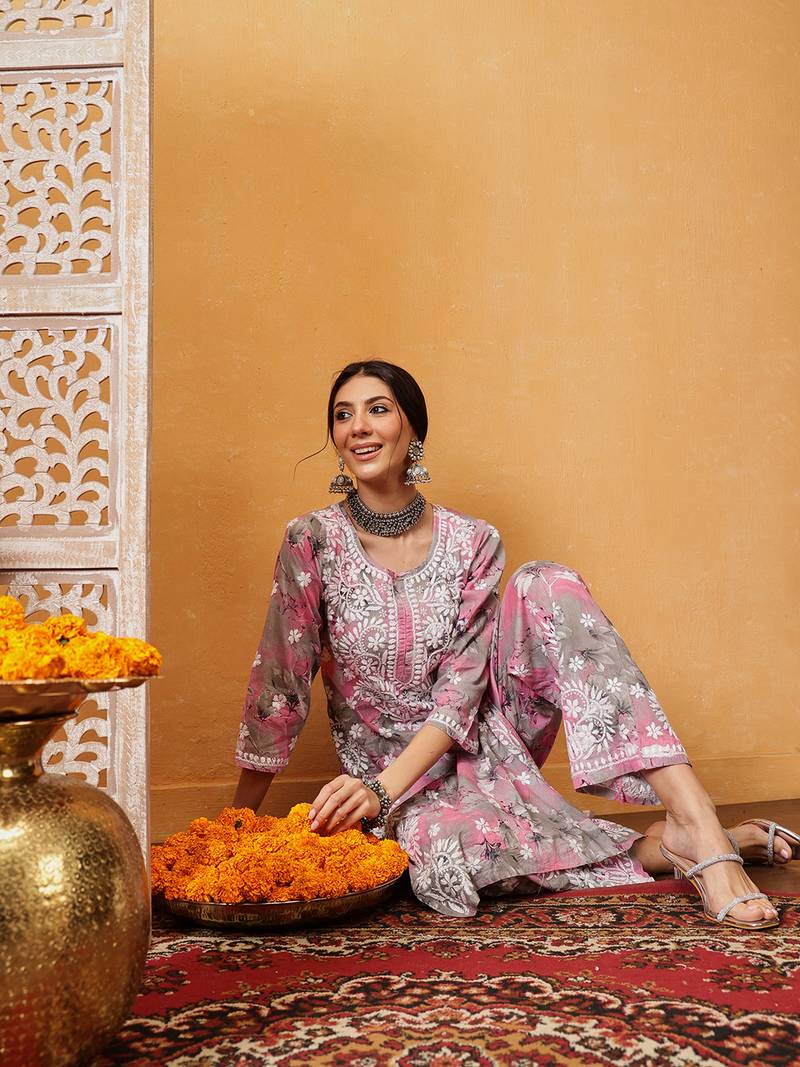 Hand embroidered floral printed pink and grey cotton lucknowi chikankari co-ord set