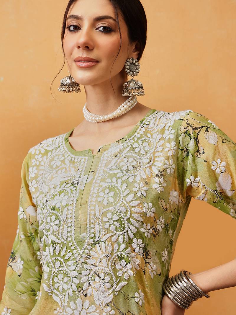 Hand embroidered floral printed green and yellow cotton lucknowi chikankari co-ord set