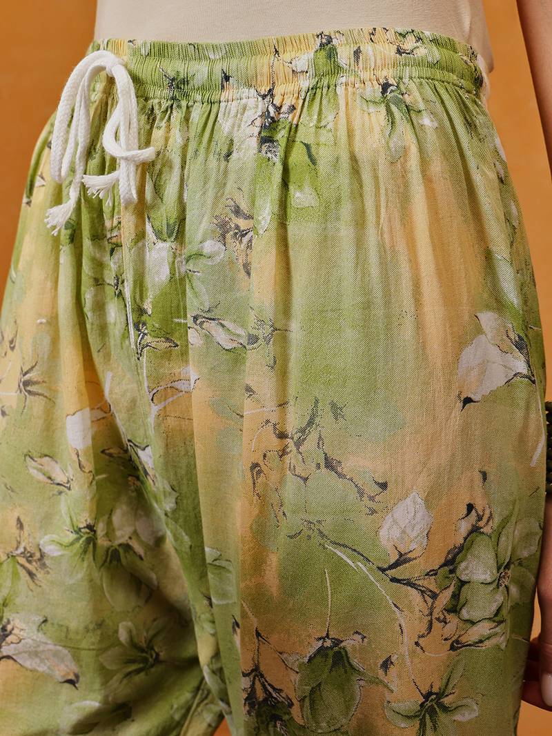 Hand embroidered floral printed green and yellow cotton lucknowi chikankari co-ord set