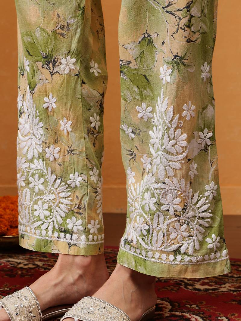 Hand embroidered floral printed green and yellow cotton lucknowi chikankari co-ord set