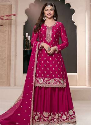 Pink chinon silk thread work sharara suit 1