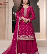 Pink chinon silk thread work sharara suit