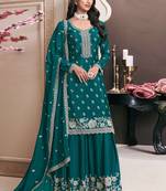 Teal blue chinon silk thread work sharara suit