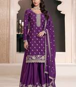 Violet chinon silk thread work sharara suit