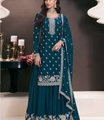 Royal blue chinon silk thread work sharara suit