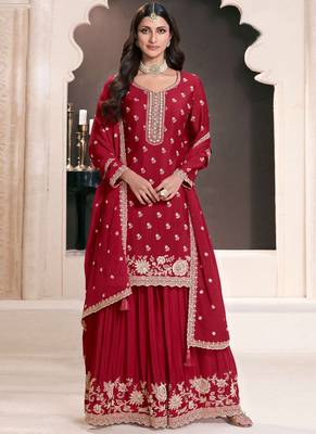 Red chinon silk thread work sharara suit 1