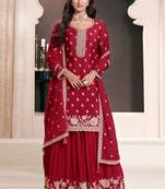 Red chinon silk thread work sharara suit