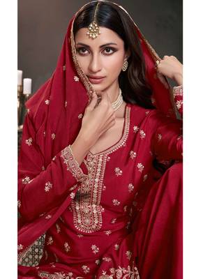 Red chinon silk thread work sharara suit 2