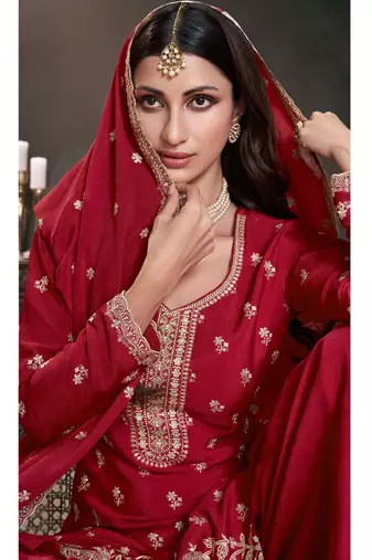 Red chinon silk thread work sharara suit